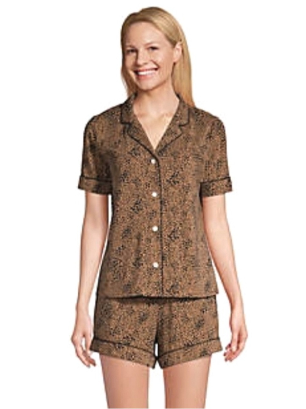 Lands End XL Cotton Modal Womens Short Sleeve Button Pajama Set Leopard